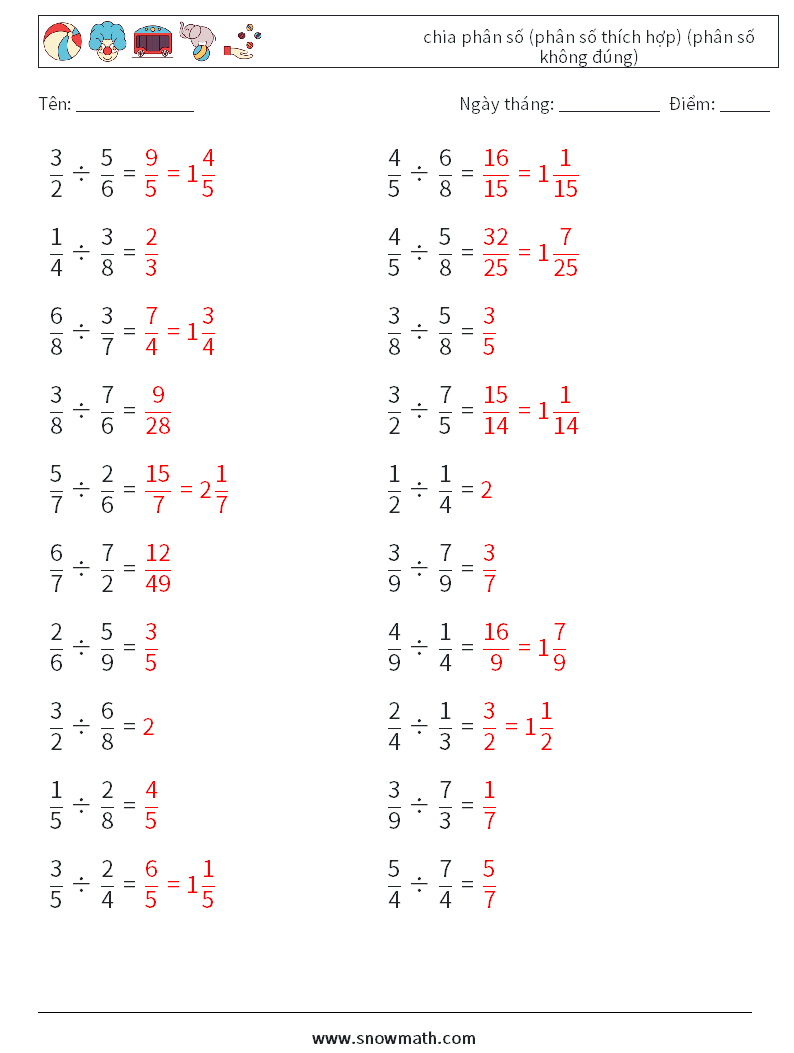 (20) chia phân số (phân số thích hợp) (phân số không đúng) Bảng tính toán học 16 Câu hỏi, câu trả lời