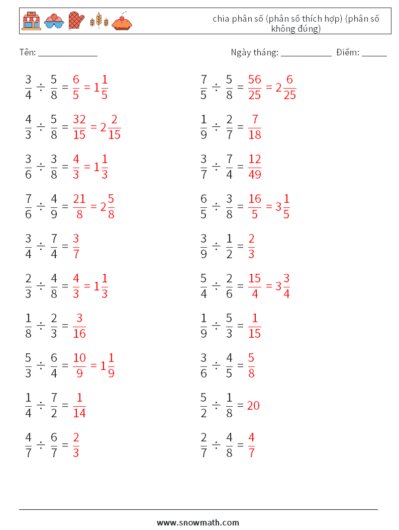(20) chia phân số (phân số thích hợp) (phân số không đúng) Bảng tính toán học 18 Câu hỏi, câu trả lời