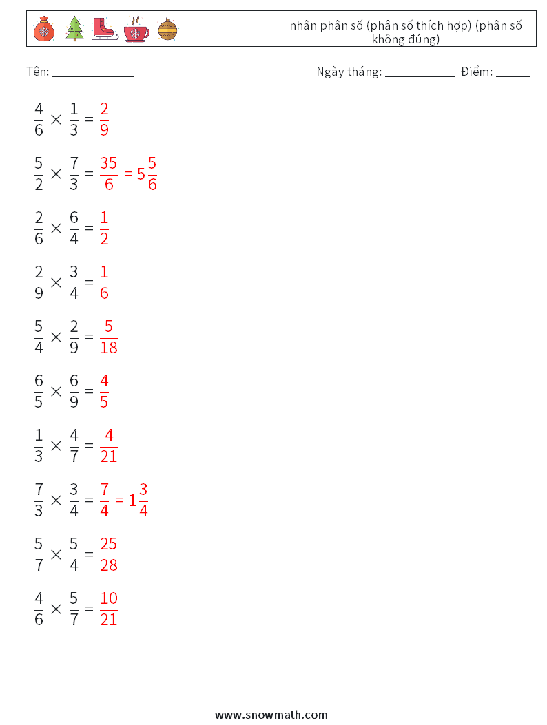 (10) nhân phân số (phân số thích hợp) (phân số không đúng) Bảng tính toán học 11 Câu hỏi, câu trả lời