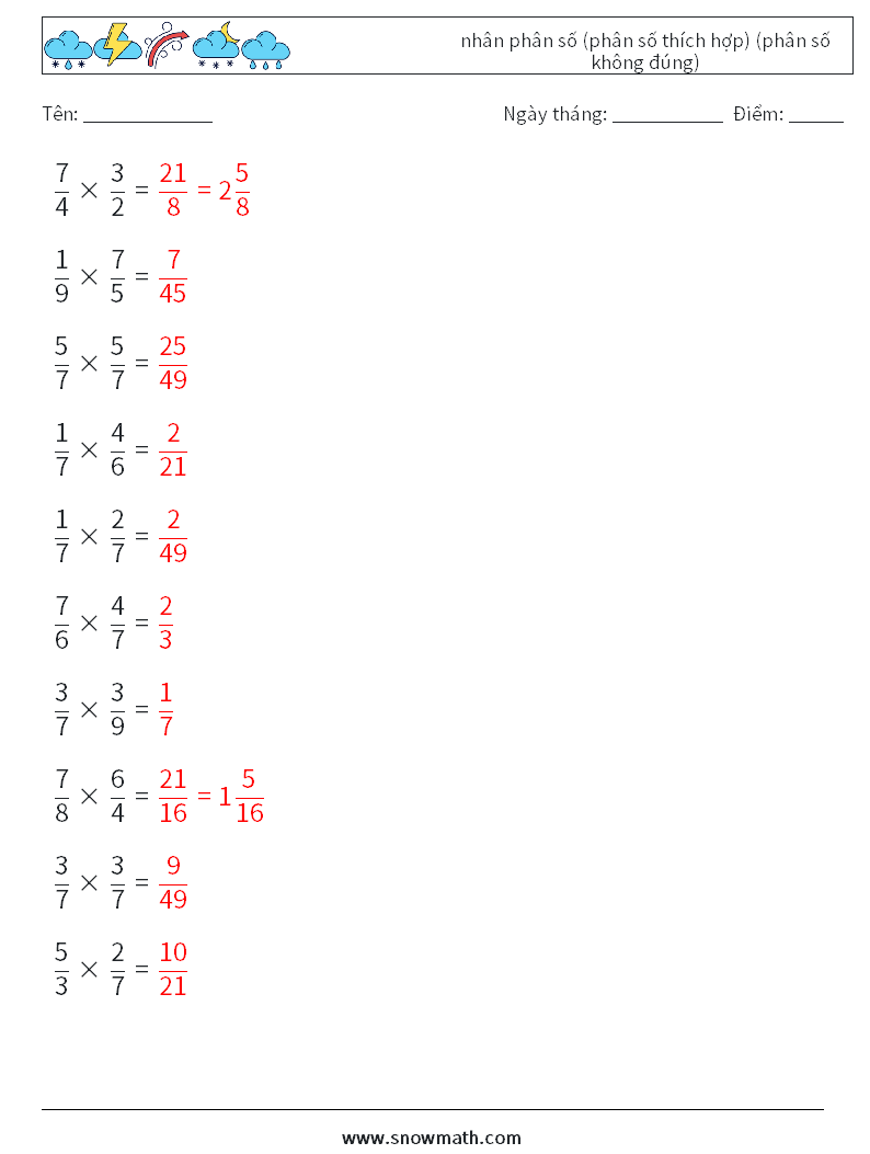 (10) nhân phân số (phân số thích hợp) (phân số không đúng) Bảng tính toán học 18 Câu hỏi, câu trả lời