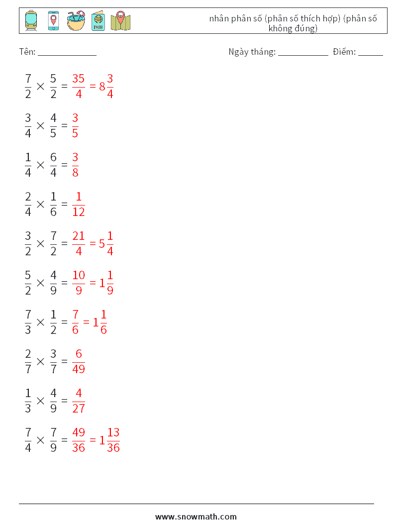 (10) nhân phân số (phân số thích hợp) (phân số không đúng) Bảng tính toán học 2 Câu hỏi, câu trả lời