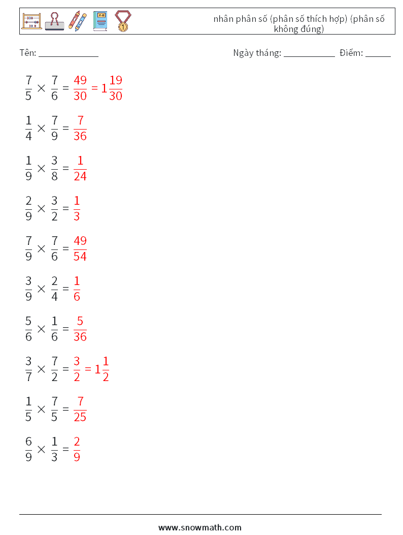 (10) nhân phân số (phân số thích hợp) (phân số không đúng) Bảng tính toán học 5 Câu hỏi, câu trả lời