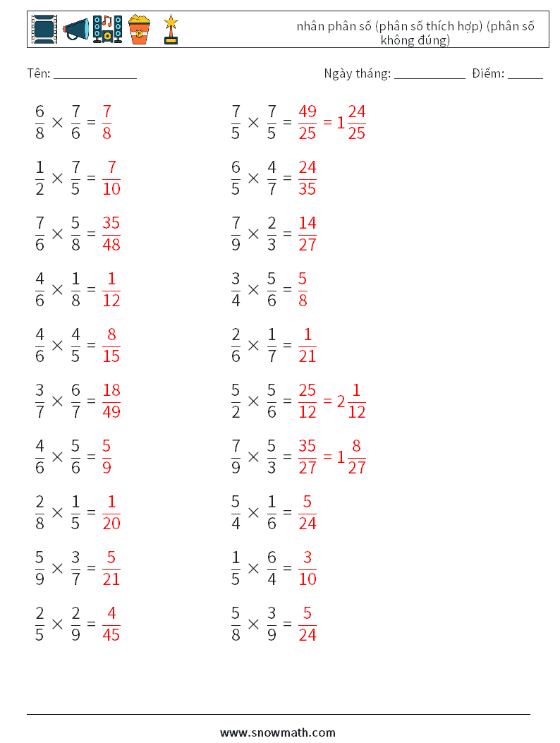 (20) nhân phân số (phân số thích hợp) (phân số không đúng) Bảng tính toán học 10 Câu hỏi, câu trả lời