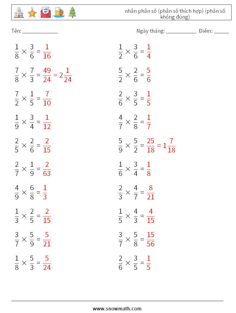 (20) nhân phân số (phân số thích hợp) (phân số không đúng) Bảng tính toán học 13 Câu hỏi, câu trả lời