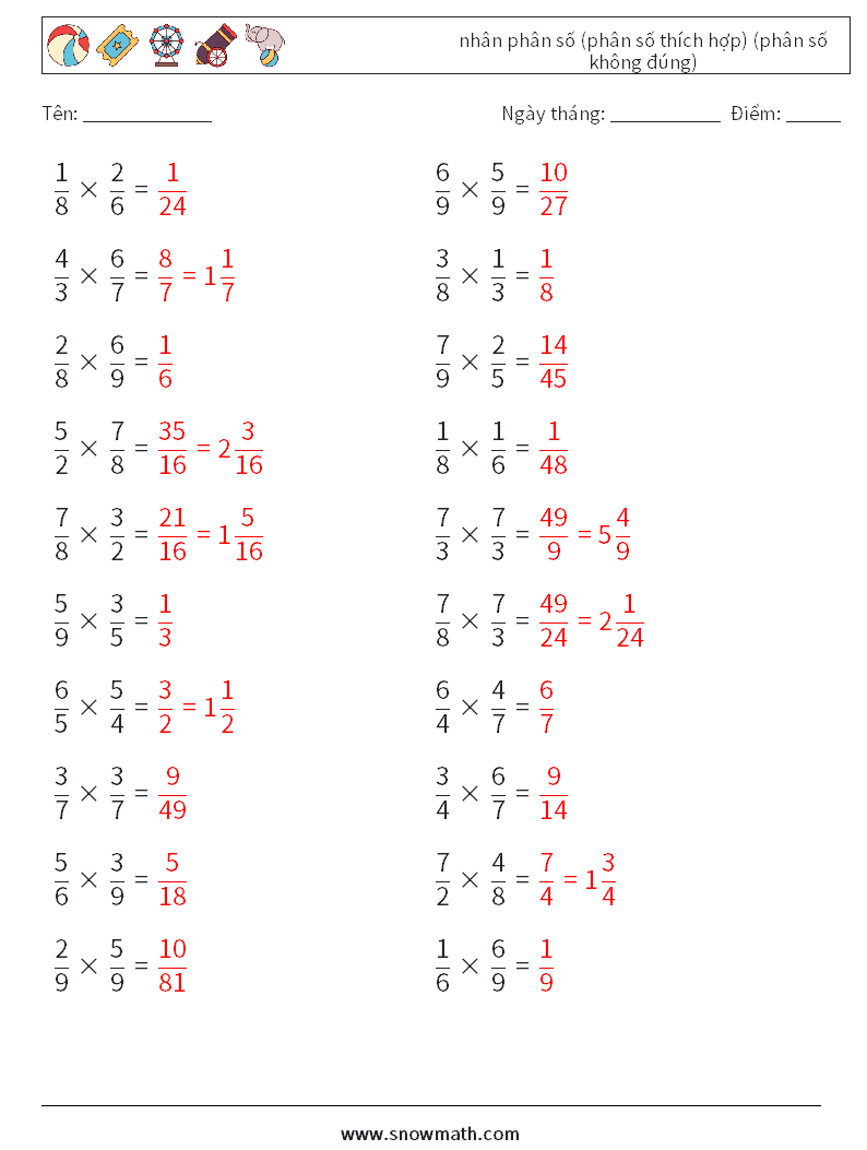 (20) nhân phân số (phân số thích hợp) (phân số không đúng) Bảng tính toán học 15 Câu hỏi, câu trả lời