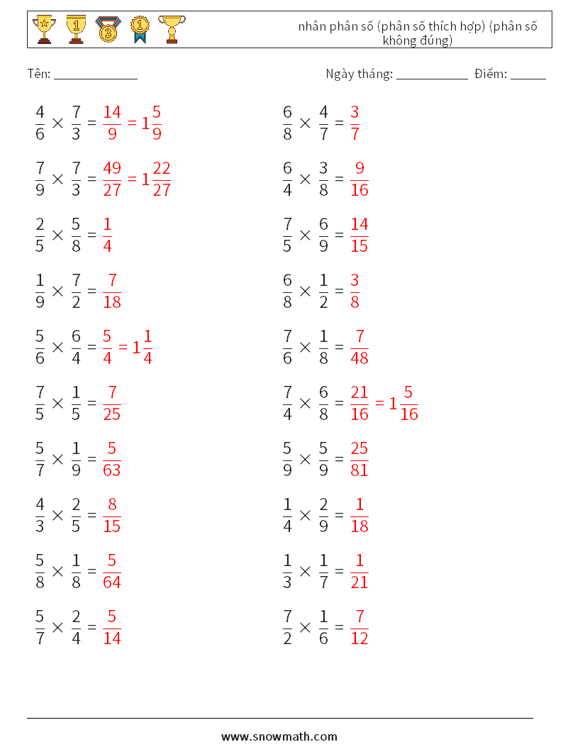 (20) nhân phân số (phân số thích hợp) (phân số không đúng) Bảng tính toán học 16 Câu hỏi, câu trả lời