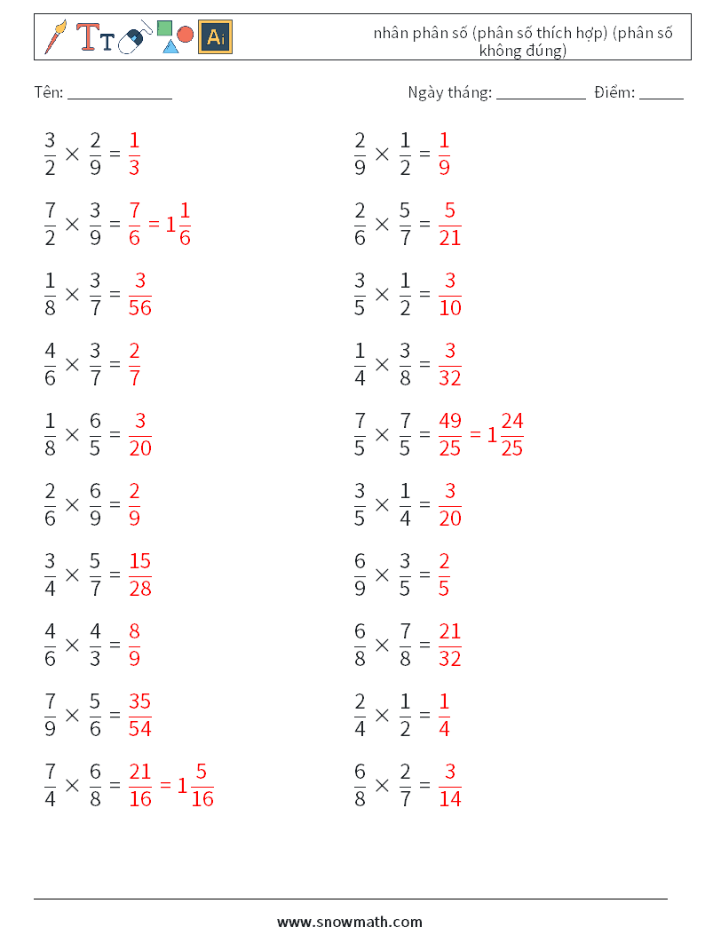 (20) nhân phân số (phân số thích hợp) (phân số không đúng) Bảng tính toán học 1 Câu hỏi, câu trả lời