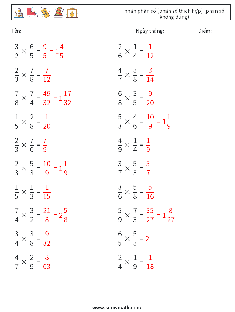 (20) nhân phân số (phân số thích hợp) (phân số không đúng) Bảng tính toán học 2 Câu hỏi, câu trả lời