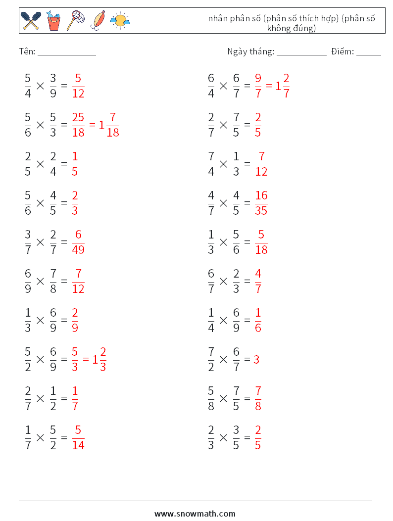 (20) nhân phân số (phân số thích hợp) (phân số không đúng) Bảng tính toán học 3 Câu hỏi, câu trả lời
