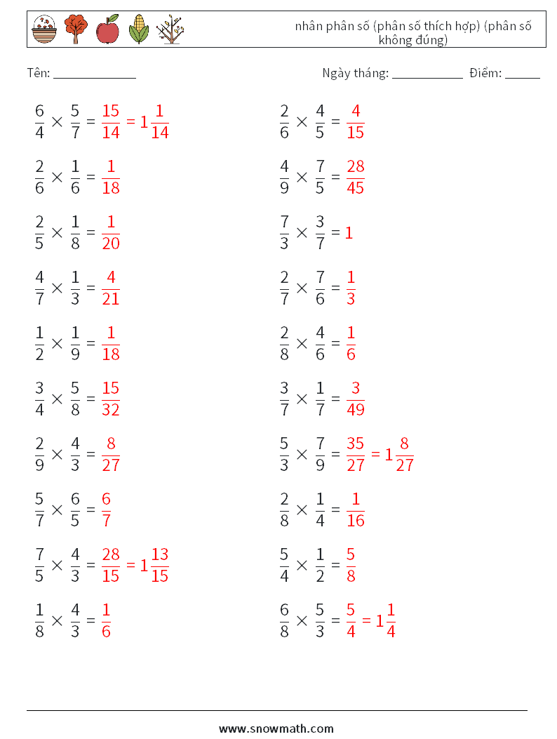 (20) nhân phân số (phân số thích hợp) (phân số không đúng) Bảng tính toán học 4 Câu hỏi, câu trả lời