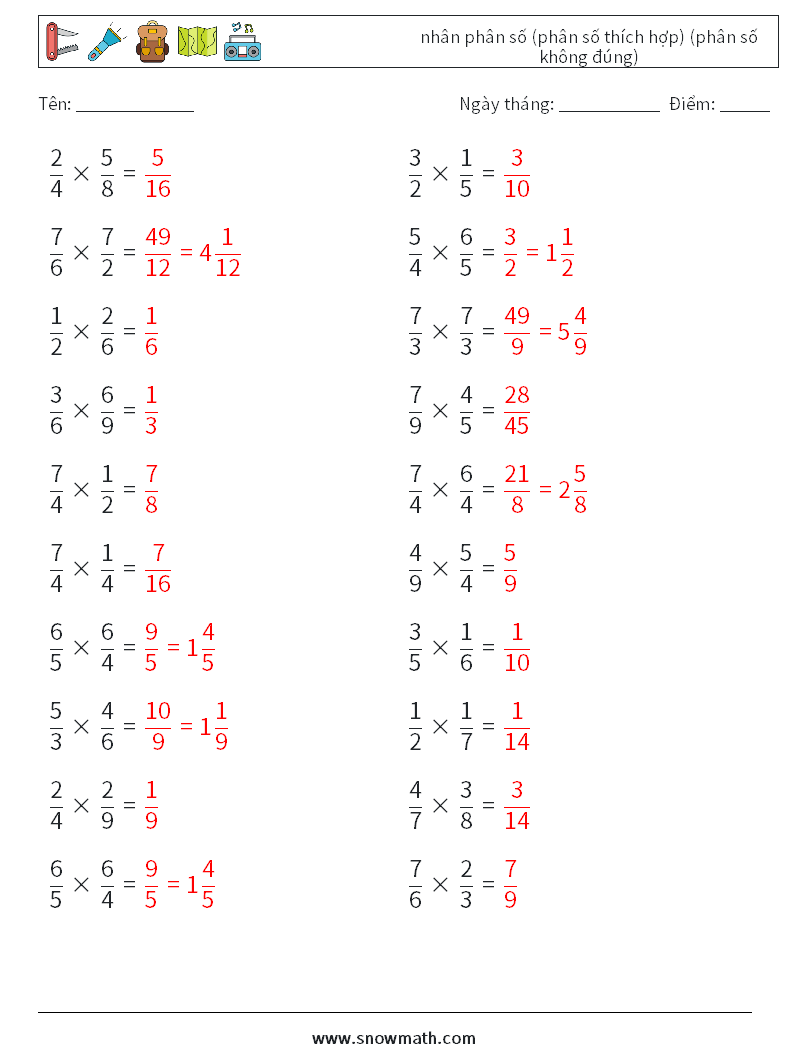 (20) nhân phân số (phân số thích hợp) (phân số không đúng) Bảng tính toán học 8 Câu hỏi, câu trả lời