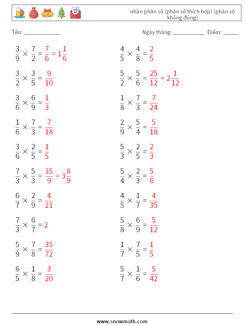 (20) nhân phân số (phân số thích hợp) (phân số không đúng) Bảng tính toán học 9 Câu hỏi, câu trả lời