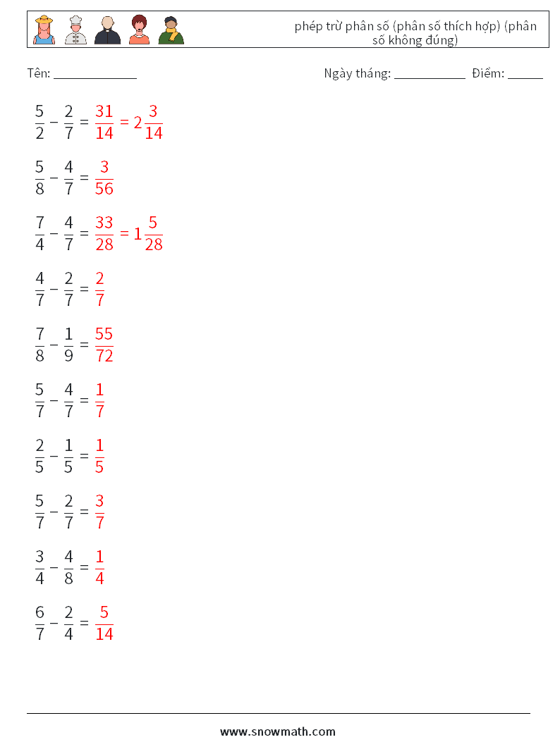 (10) phép trừ phân số (phân số thích hợp) (phân số không đúng) Bảng tính toán học 11 Câu hỏi, câu trả lời