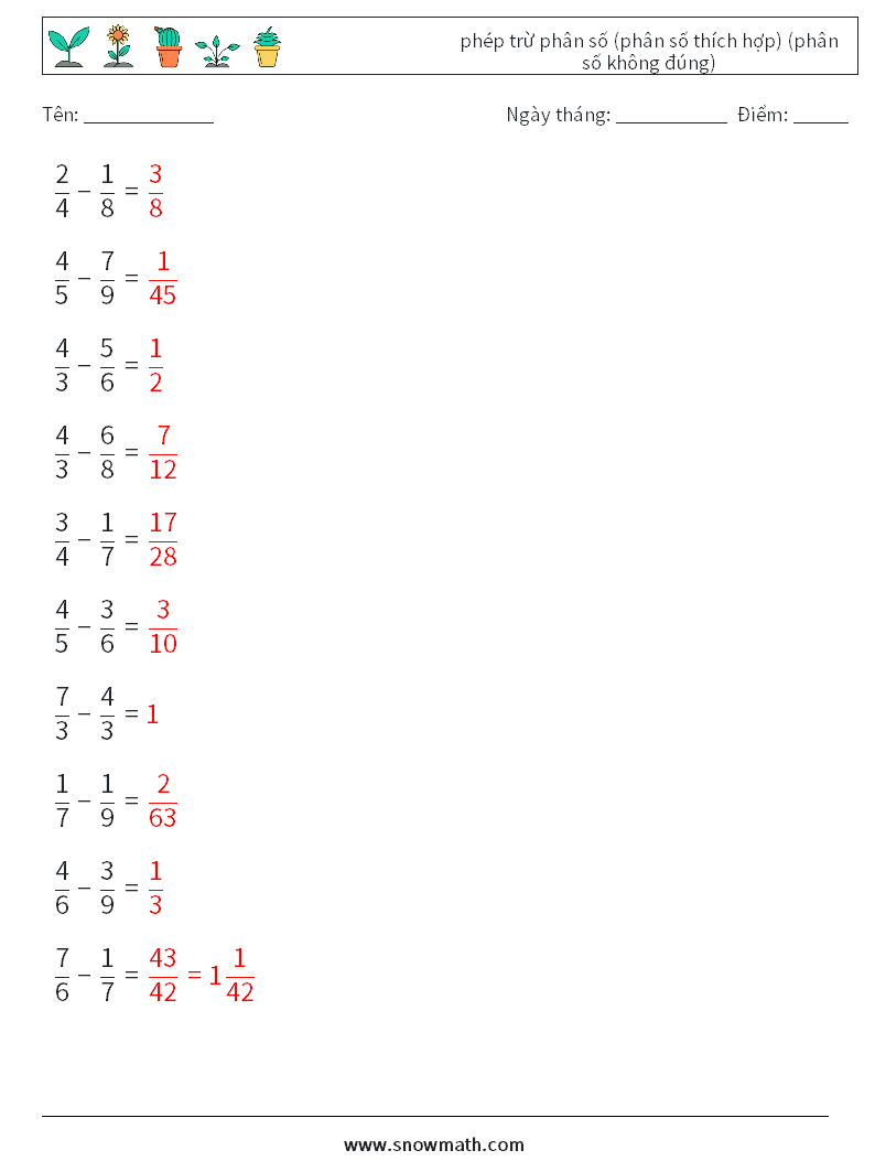 (10) phép trừ phân số (phân số thích hợp) (phân số không đúng) Bảng tính toán học 12 Câu hỏi, câu trả lời