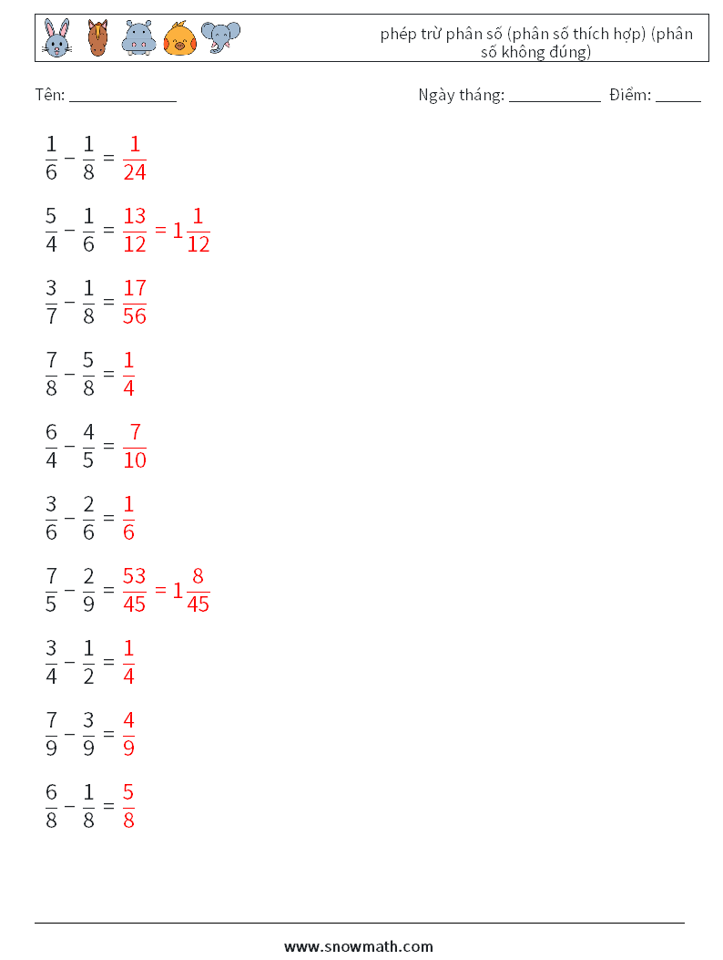 (10) phép trừ phân số (phân số thích hợp) (phân số không đúng) Bảng tính toán học 14 Câu hỏi, câu trả lời