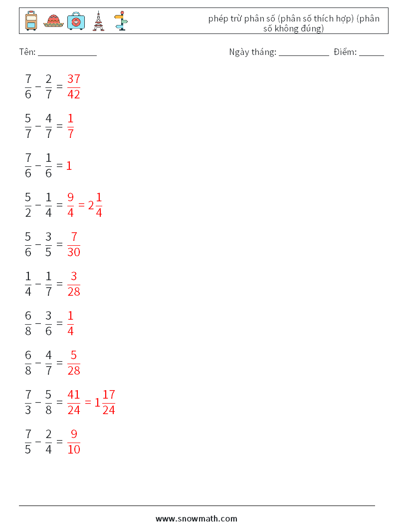 (10) phép trừ phân số (phân số thích hợp) (phân số không đúng) Bảng tính toán học 15 Câu hỏi, câu trả lời