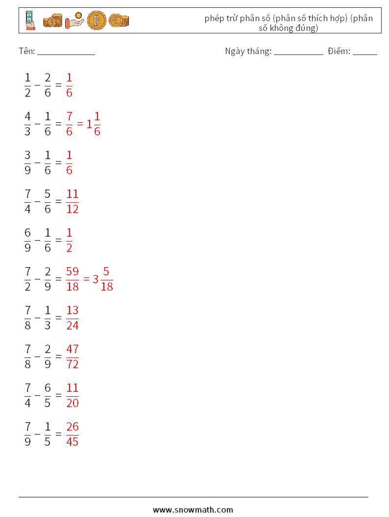 (10) phép trừ phân số (phân số thích hợp) (phân số không đúng) Bảng tính toán học 16 Câu hỏi, câu trả lời