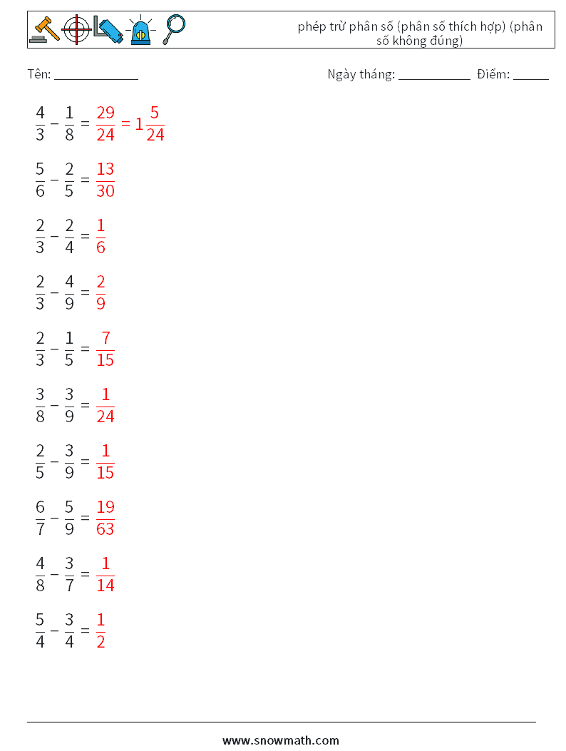 (10) phép trừ phân số (phân số thích hợp) (phân số không đúng) Bảng tính toán học 17 Câu hỏi, câu trả lời