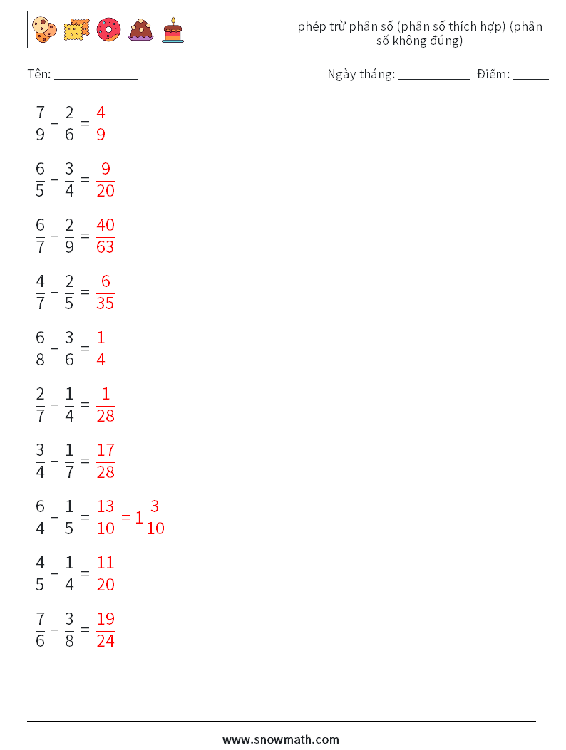 (10) phép trừ phân số (phân số thích hợp) (phân số không đúng) Bảng tính toán học 18 Câu hỏi, câu trả lời