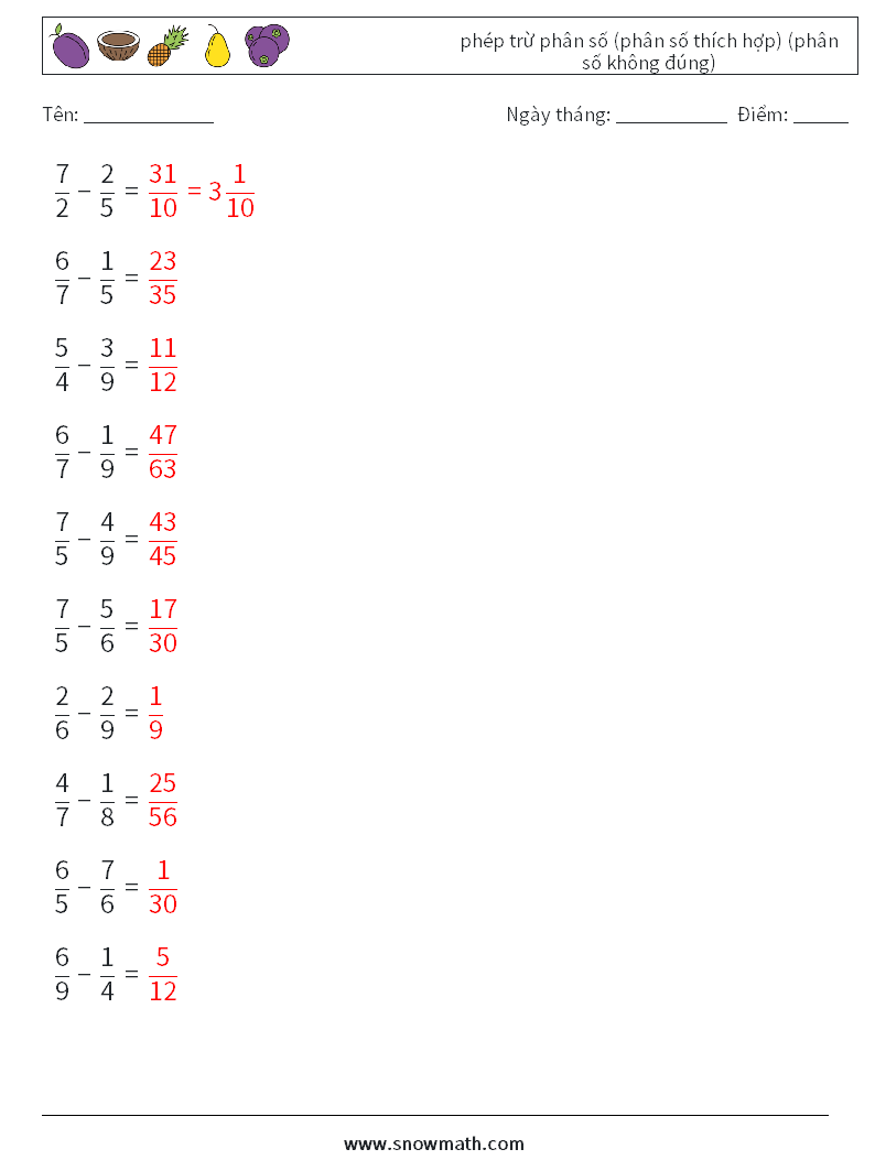 (10) phép trừ phân số (phân số thích hợp) (phân số không đúng) Bảng tính toán học 1 Câu hỏi, câu trả lời