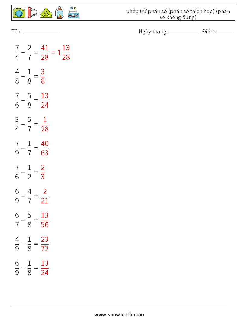 (10) phép trừ phân số (phân số thích hợp) (phân số không đúng) Bảng tính toán học 2 Câu hỏi, câu trả lời