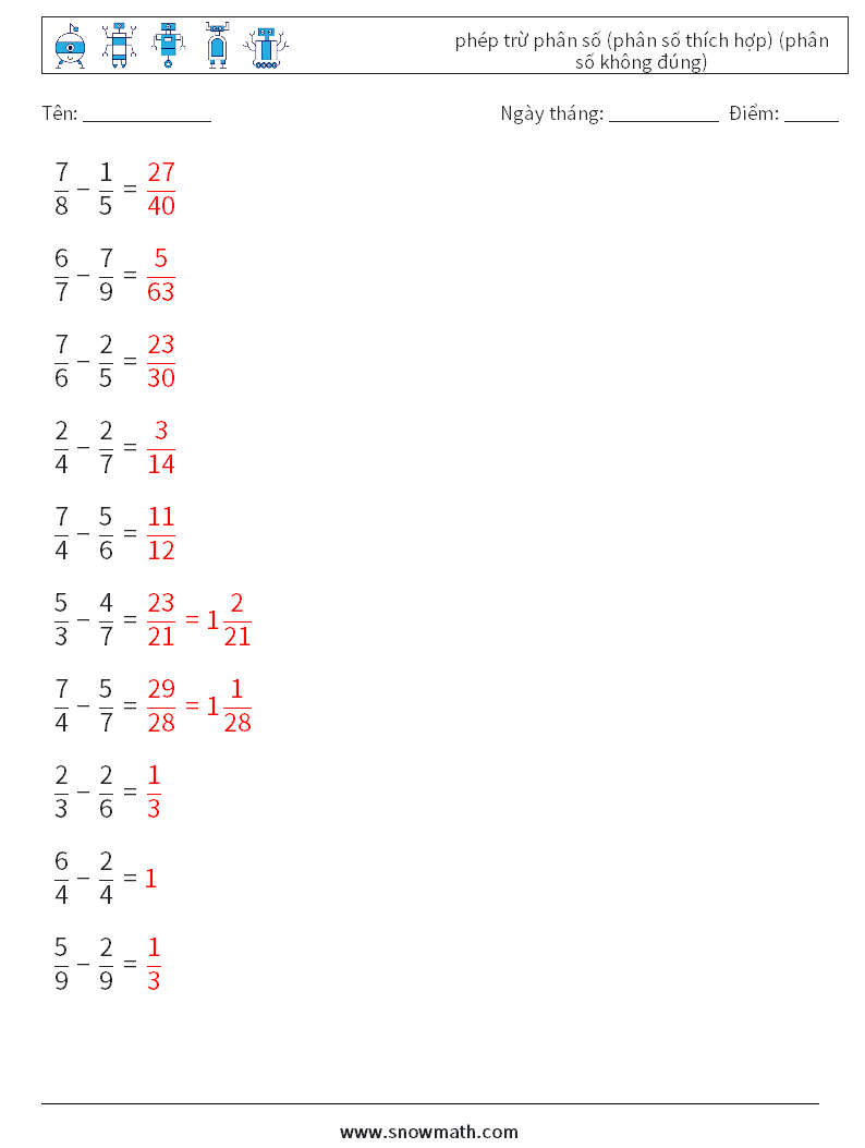 (10) phép trừ phân số (phân số thích hợp) (phân số không đúng) Bảng tính toán học 4 Câu hỏi, câu trả lời