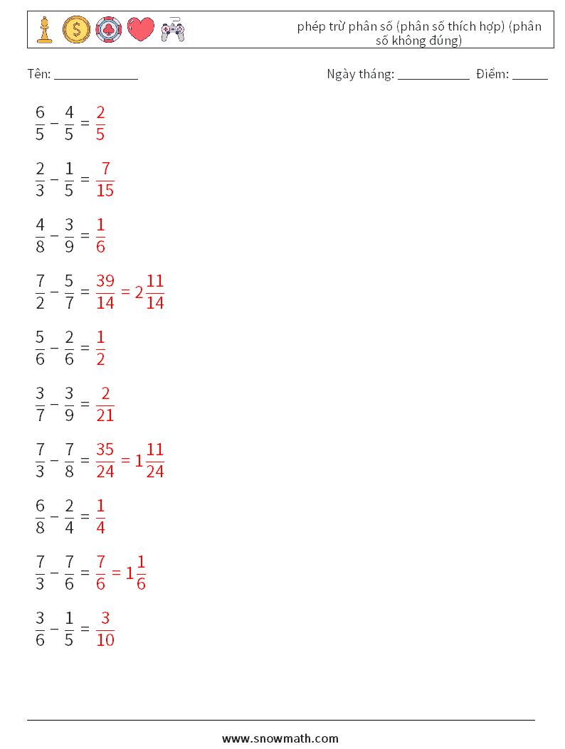 (10) phép trừ phân số (phân số thích hợp) (phân số không đúng) Bảng tính toán học 5 Câu hỏi, câu trả lời