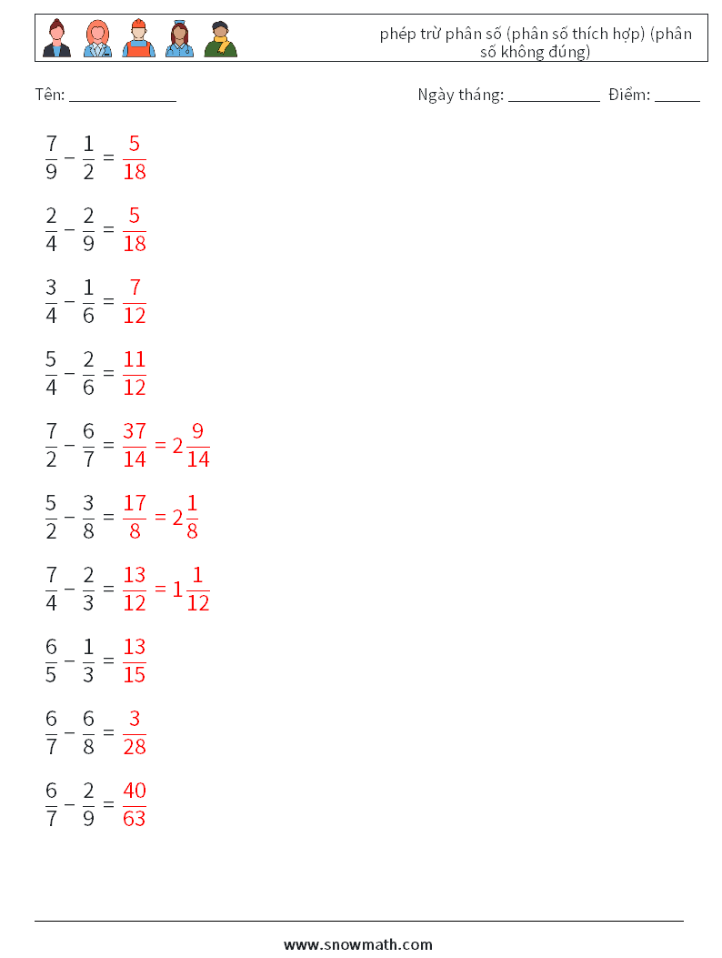 (10) phép trừ phân số (phân số thích hợp) (phân số không đúng) Bảng tính toán học 8 Câu hỏi, câu trả lời
