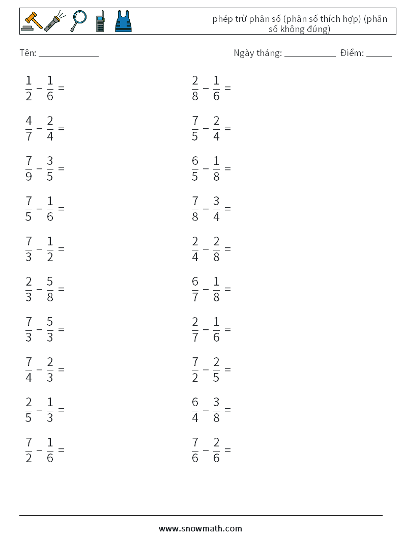 (20) phép trừ phân số (phân số thích hợp) (phân số không đúng) Bảng tính toán học 10
