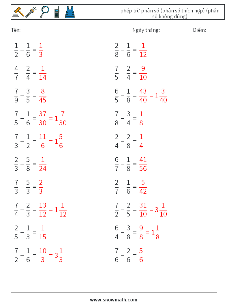 (20) phép trừ phân số (phân số thích hợp) (phân số không đúng) Bảng tính toán học 10 Câu hỏi, câu trả lời