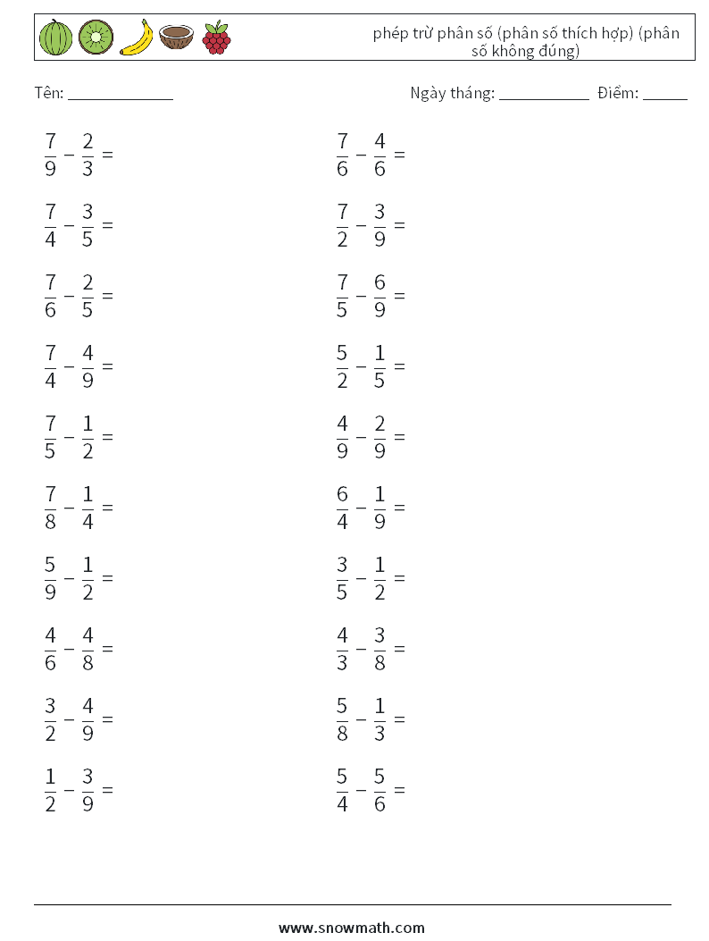 (20) phép trừ phân số (phân số thích hợp) (phân số không đúng) Bảng tính toán học 13
