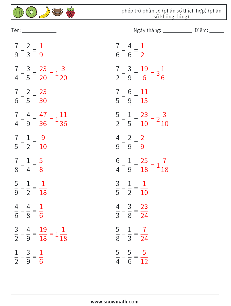 (20) phép trừ phân số (phân số thích hợp) (phân số không đúng) Bảng tính toán học 13 Câu hỏi, câu trả lời