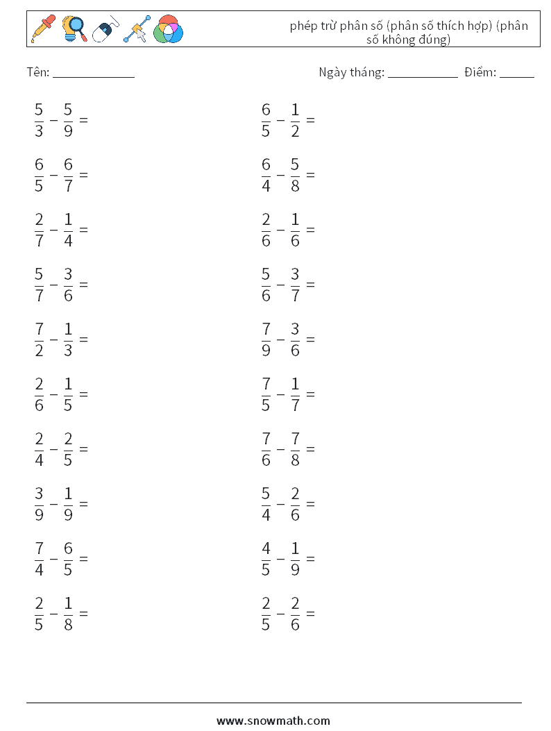 (20) phép trừ phân số (phân số thích hợp) (phân số không đúng) Bảng tính toán học 14