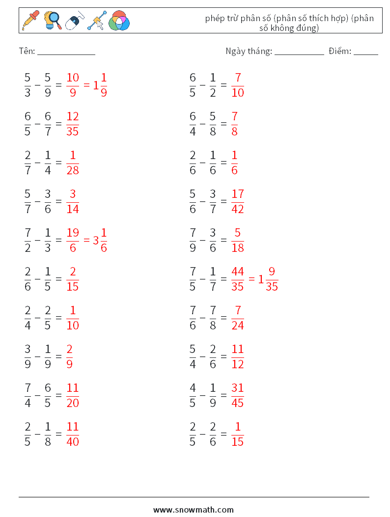 (20) phép trừ phân số (phân số thích hợp) (phân số không đúng) Bảng tính toán học 14 Câu hỏi, câu trả lời