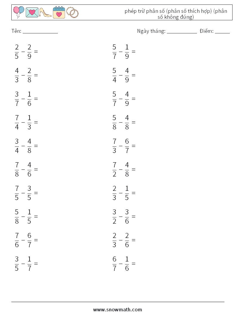 (20) phép trừ phân số (phân số thích hợp) (phân số không đúng) Bảng tính toán học 15