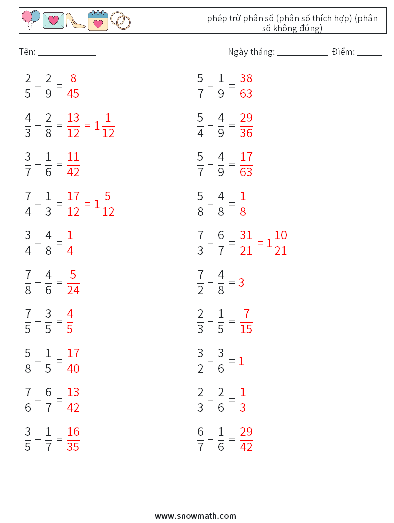 (20) phép trừ phân số (phân số thích hợp) (phân số không đúng) Bảng tính toán học 15 Câu hỏi, câu trả lời