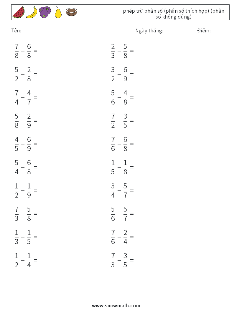 (20) phép trừ phân số (phân số thích hợp) (phân số không đúng) Bảng tính toán học 16