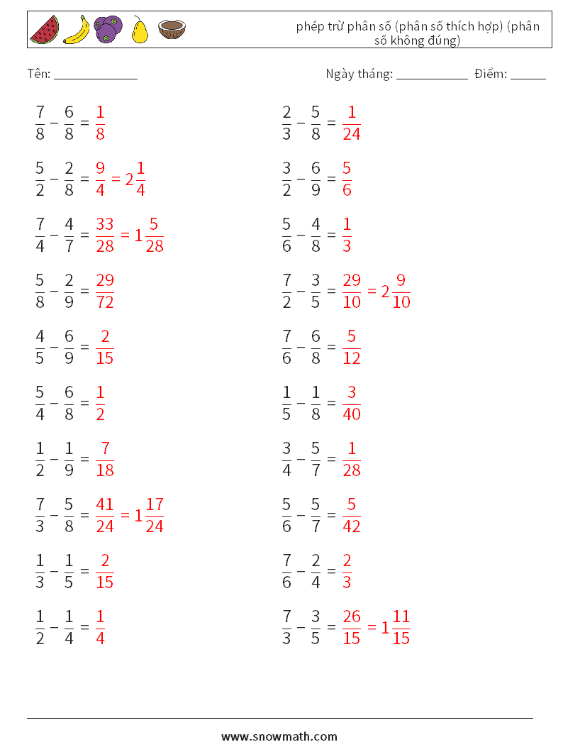 (20) phép trừ phân số (phân số thích hợp) (phân số không đúng) Bảng tính toán học 16 Câu hỏi, câu trả lời