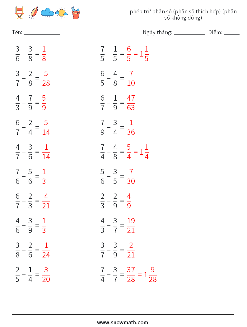 (20) phép trừ phân số (phân số thích hợp) (phân số không đúng) Bảng tính toán học 17 Câu hỏi, câu trả lời