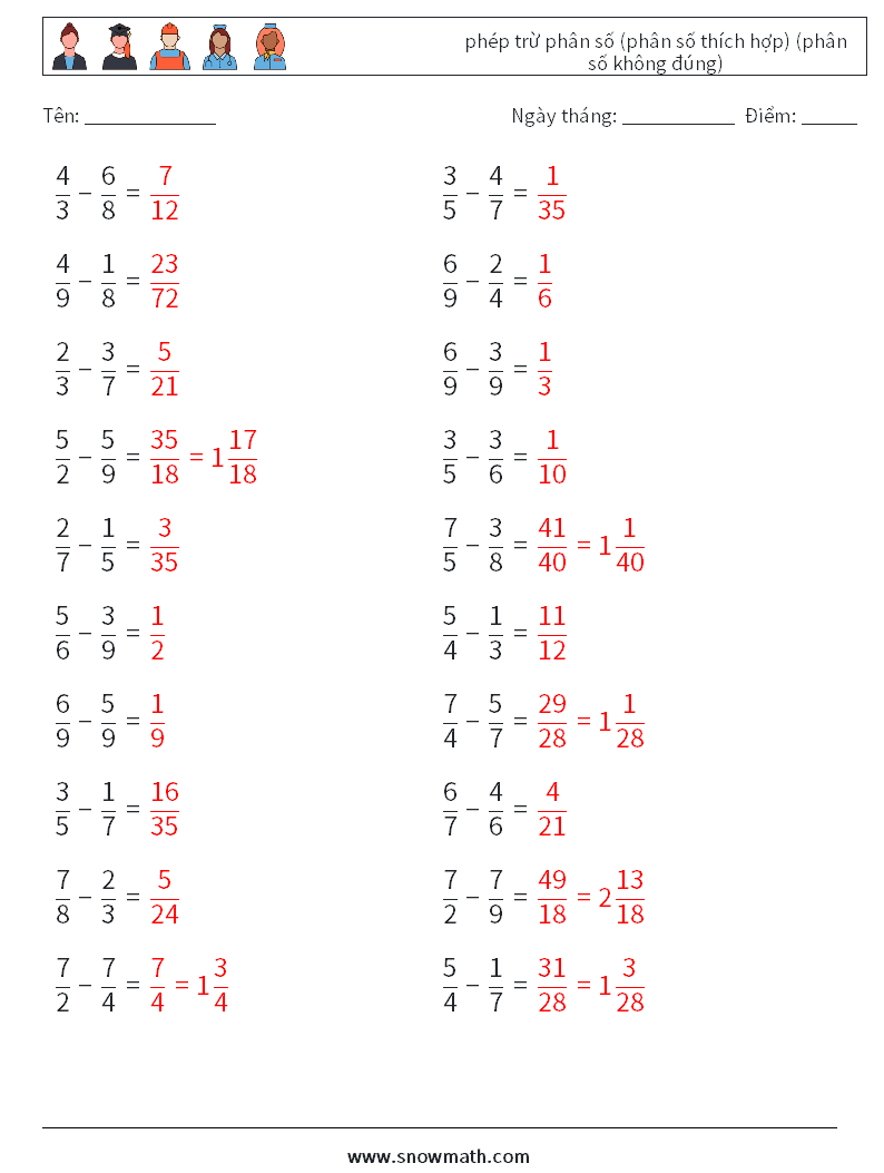 (20) phép trừ phân số (phân số thích hợp) (phân số không đúng) Bảng tính toán học 18 Câu hỏi, câu trả lời