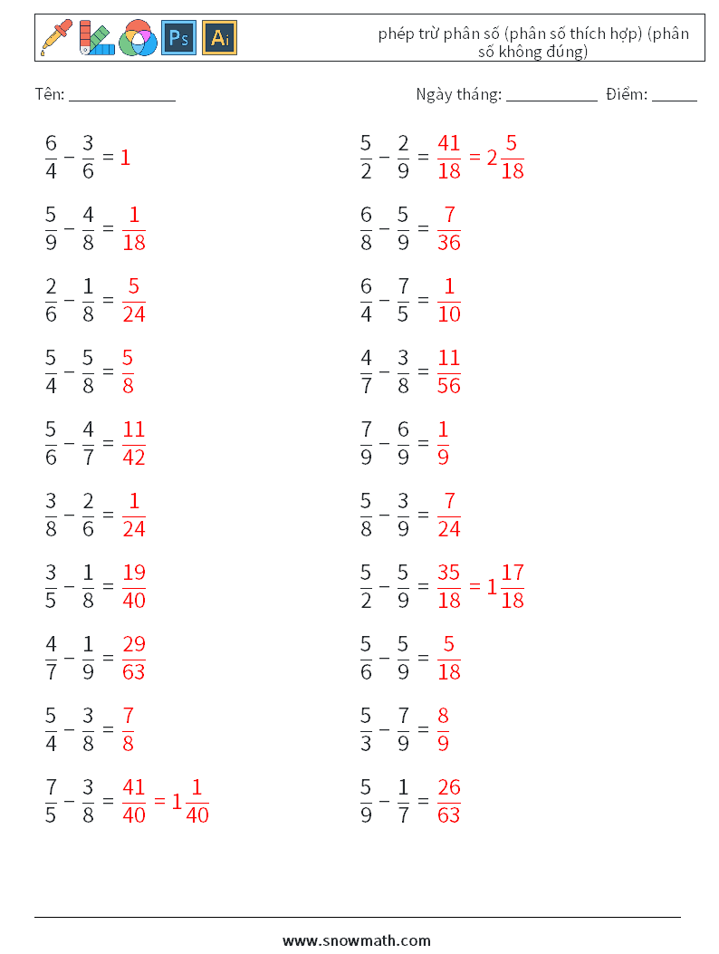 (20) phép trừ phân số (phân số thích hợp) (phân số không đúng) Bảng tính toán học 2 Câu hỏi, câu trả lời