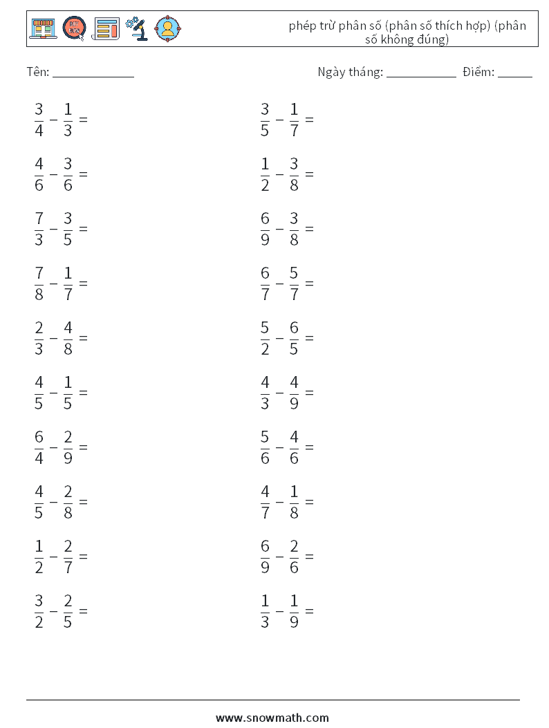 (20) phép trừ phân số (phân số thích hợp) (phân số không đúng) Bảng tính toán học 3