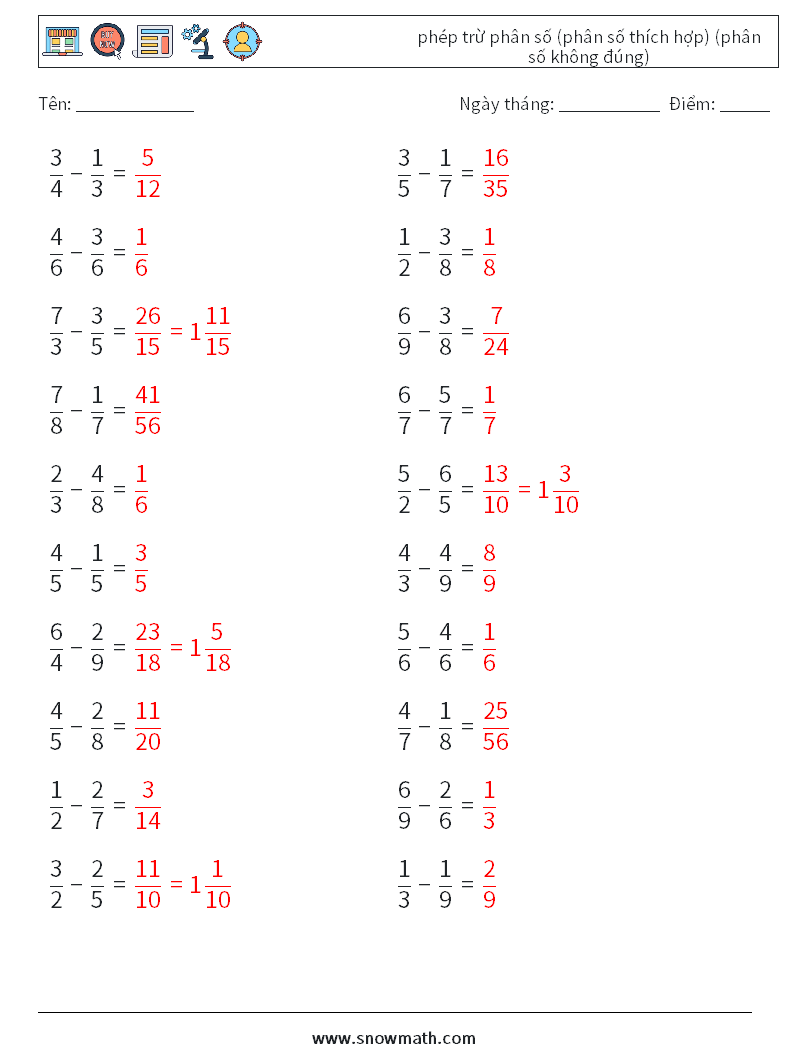(20) phép trừ phân số (phân số thích hợp) (phân số không đúng) Bảng tính toán học 3 Câu hỏi, câu trả lời