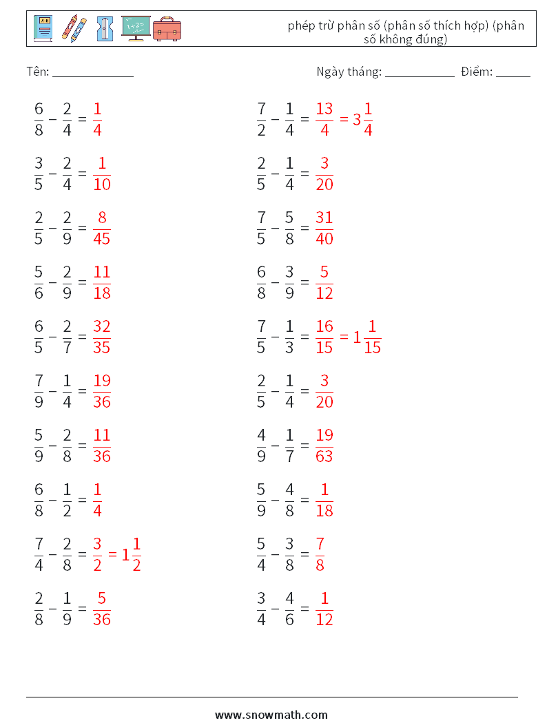 (20) phép trừ phân số (phân số thích hợp) (phân số không đúng) Bảng tính toán học 4 Câu hỏi, câu trả lời