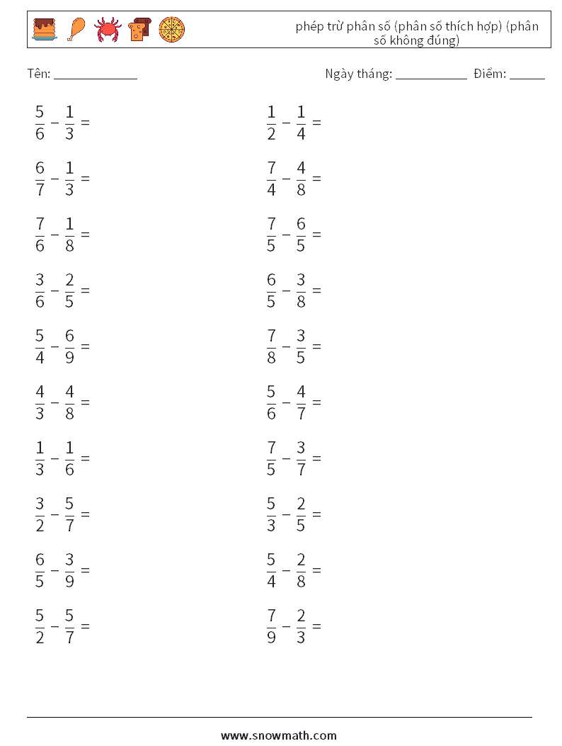 (20) phép trừ phân số (phân số thích hợp) (phân số không đúng) Bảng tính toán học 5