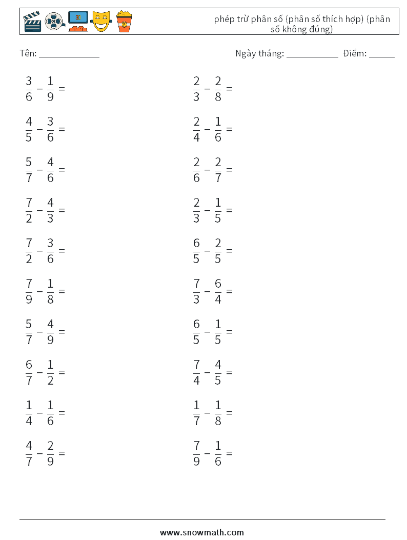 (20) phép trừ phân số (phân số thích hợp) (phân số không đúng) Bảng tính toán học 6