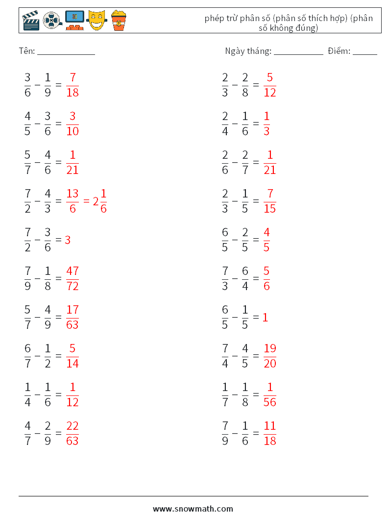 (20) phép trừ phân số (phân số thích hợp) (phân số không đúng) Bảng tính toán học 6 Câu hỏi, câu trả lời