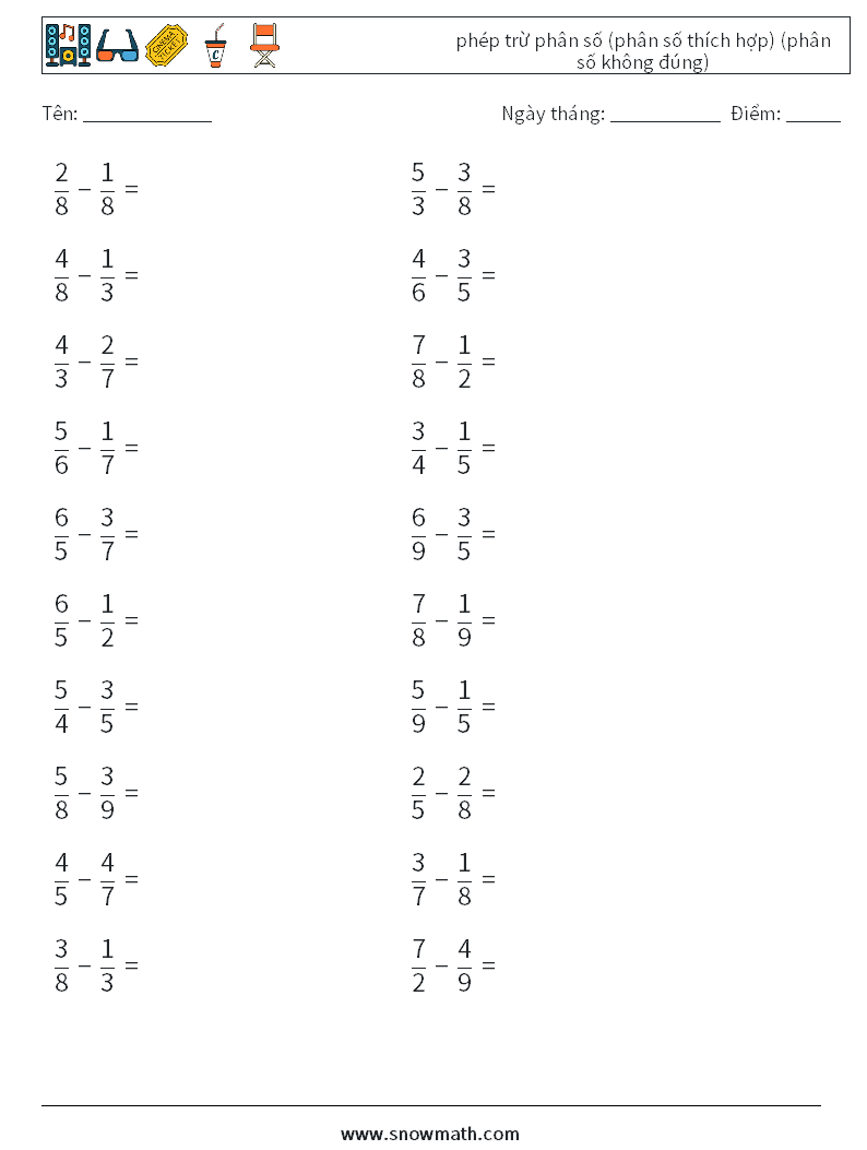 (20) phép trừ phân số (phân số thích hợp) (phân số không đúng) Bảng tính toán học 8
