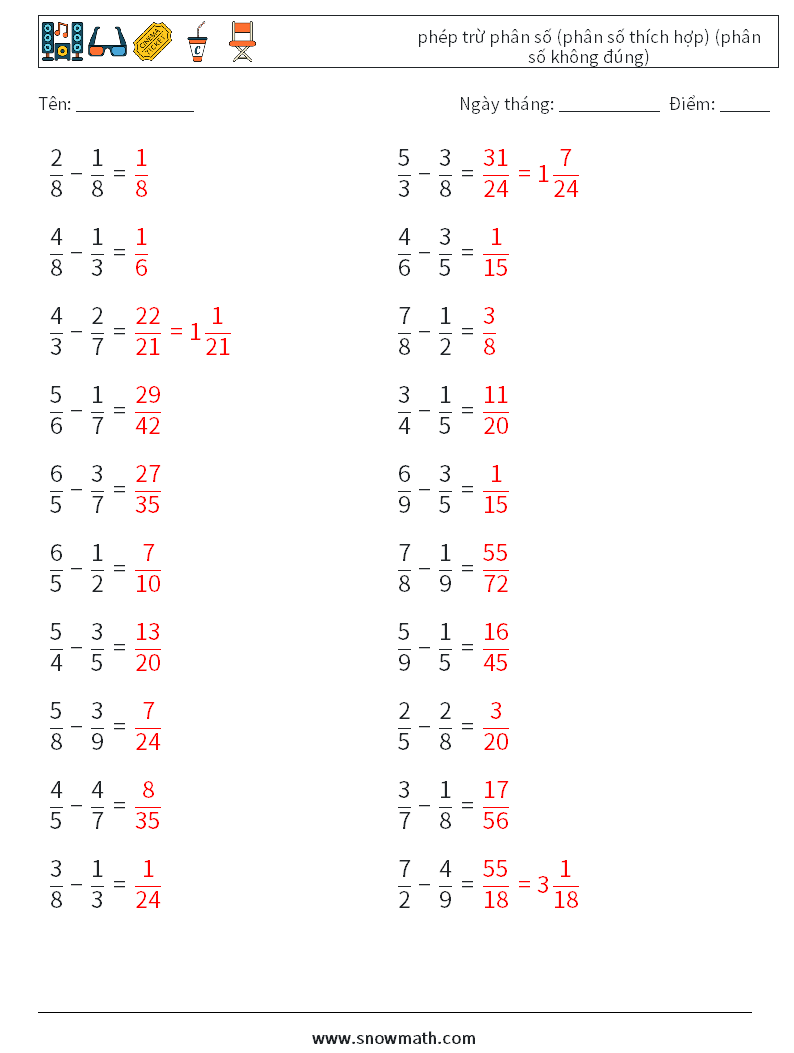 (20) phép trừ phân số (phân số thích hợp) (phân số không đúng) Bảng tính toán học 8 Câu hỏi, câu trả lời