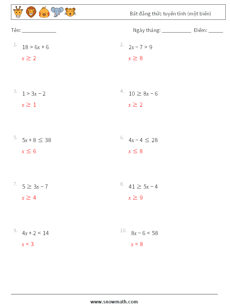 Bất đẳng thức tuyến tính (một biến) Bảng tính toán học 3 Câu hỏi, câu trả lời